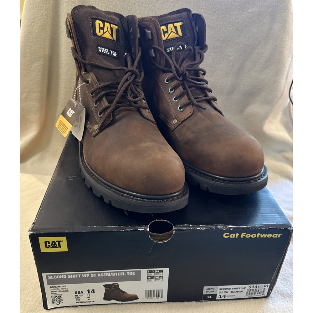 Caterpillar Second Shift WP Steel Toe Work Boots Dark Brown Men's Size 14 M